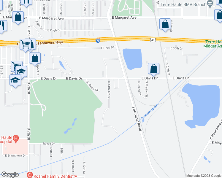 map of restaurants, bars, coffee shops, grocery stores, and more near 3390 South 14th 1/2 Street in Terre Haute