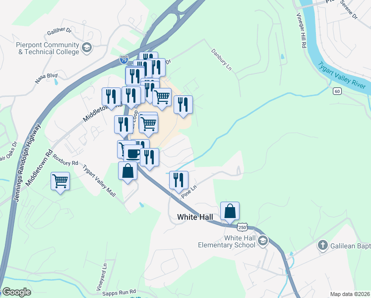 map of restaurants, bars, coffee shops, grocery stores, and more near Viking Road in White Hall
