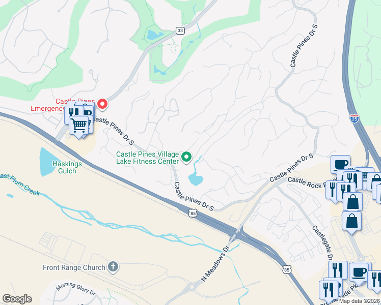 map of restaurants, bars, coffee shops, grocery stores, and more near 4314 Chateau Ridge Road in Castle Rock