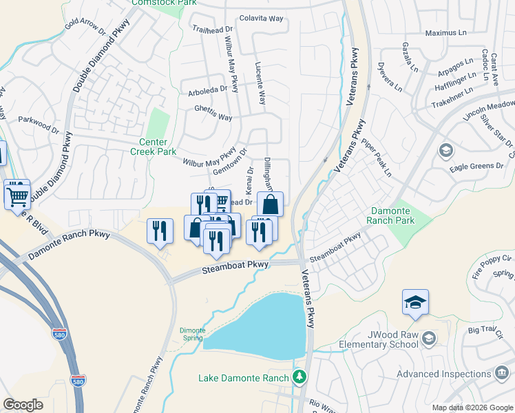 map of restaurants, bars, coffee shops, grocery stores, and more near 1694 Silver Thread Drive in Reno