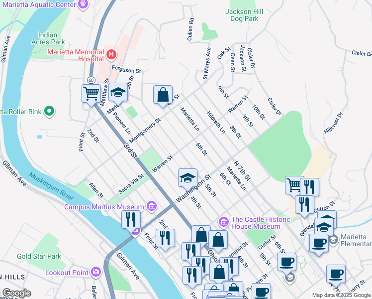 map of restaurants, bars, coffee shops, grocery stores, and more near 631 6th Street in Marietta