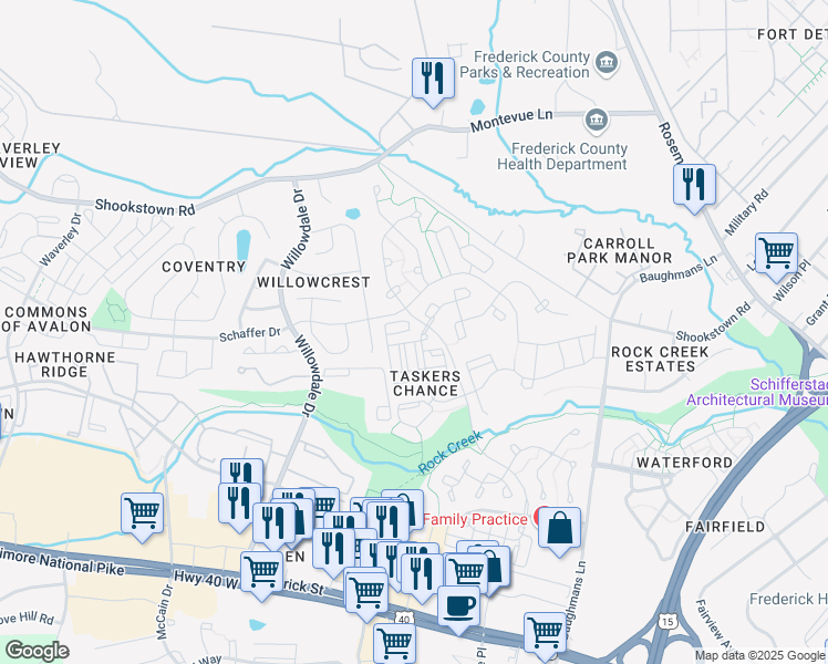 map of restaurants, bars, coffee shops, grocery stores, and more near 152 Heathfield Drive in Frederick