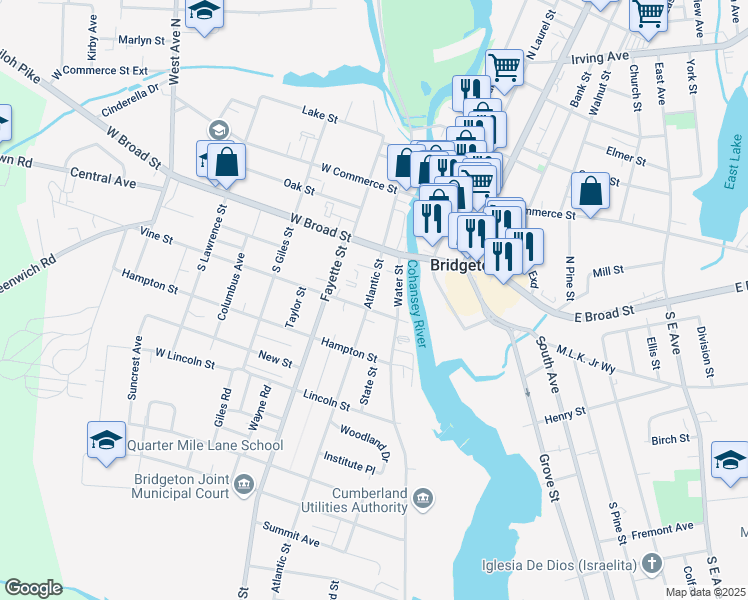 map of restaurants, bars, coffee shops, grocery stores, and more near 121 Atlantic Street in Bridgeton
