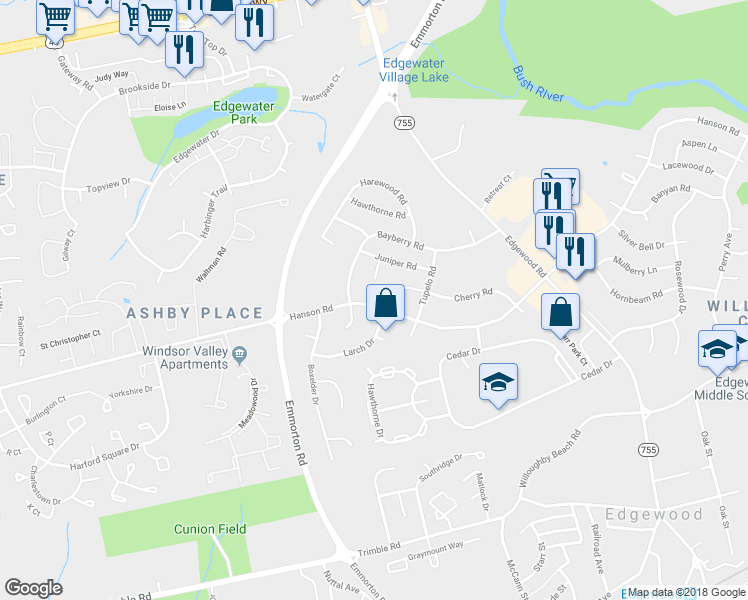 map of restaurants, bars, coffee shops, grocery stores, and more near 1826 Hanson Road in Edgewood