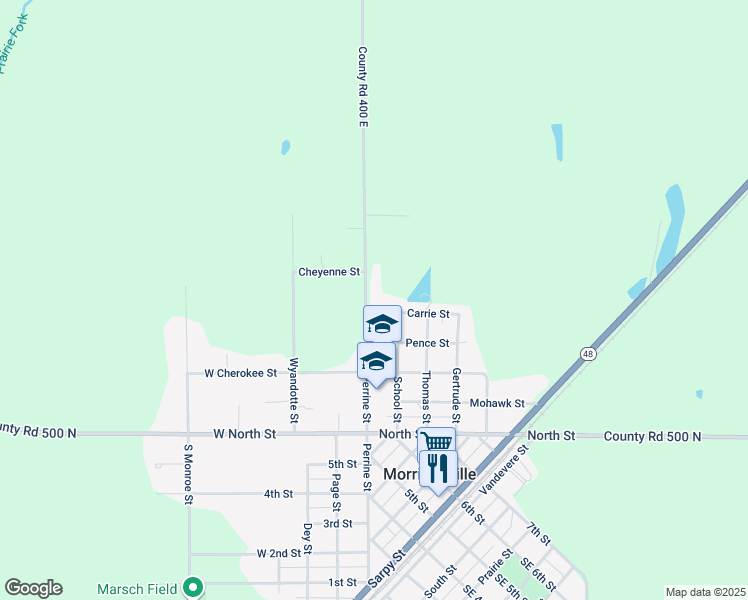 map of restaurants, bars, coffee shops, grocery stores, and more near 500 North Perrine Street in Morrisonville