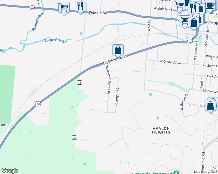 map of restaurants, bars, coffee shops, grocery stores, and more near 578 Silverwood Farms Drive in Lebanon