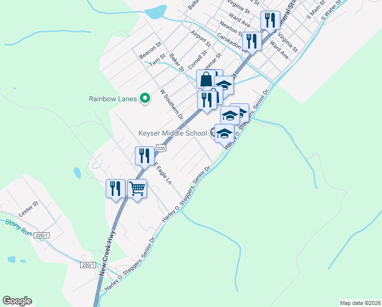 map of restaurants, bars, coffee shops, grocery stores, and more near 1040 Georgia Avenue in Keyser