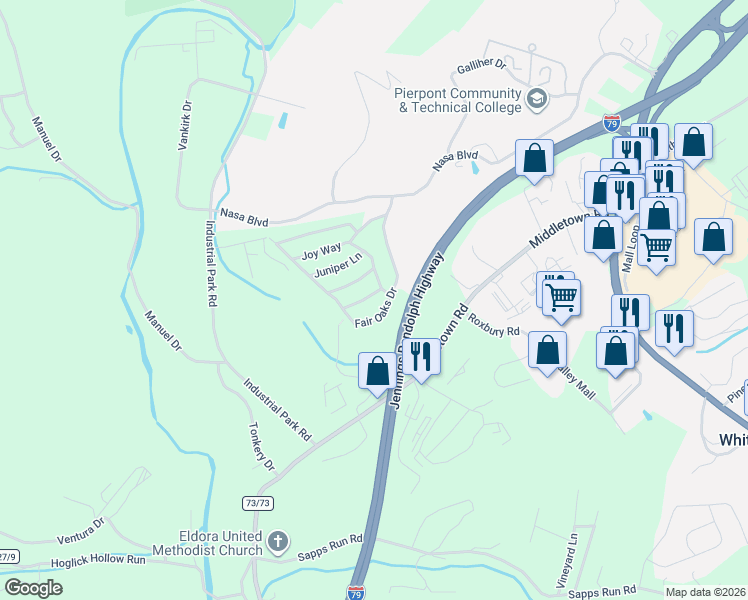 map of restaurants, bars, coffee shops, grocery stores, and more near 105 Christine Court in Fairmont