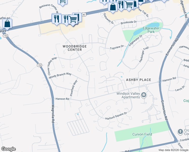 map of restaurants, bars, coffee shops, grocery stores, and more near 730 Rainbow Court in Edgewood