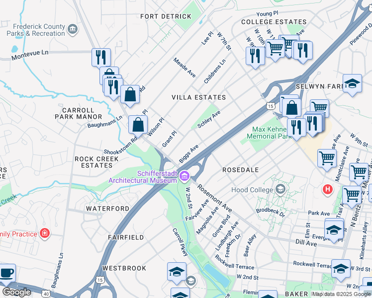 map of restaurants, bars, coffee shops, grocery stores, and more near 411 Biggs Avenue in Frederick