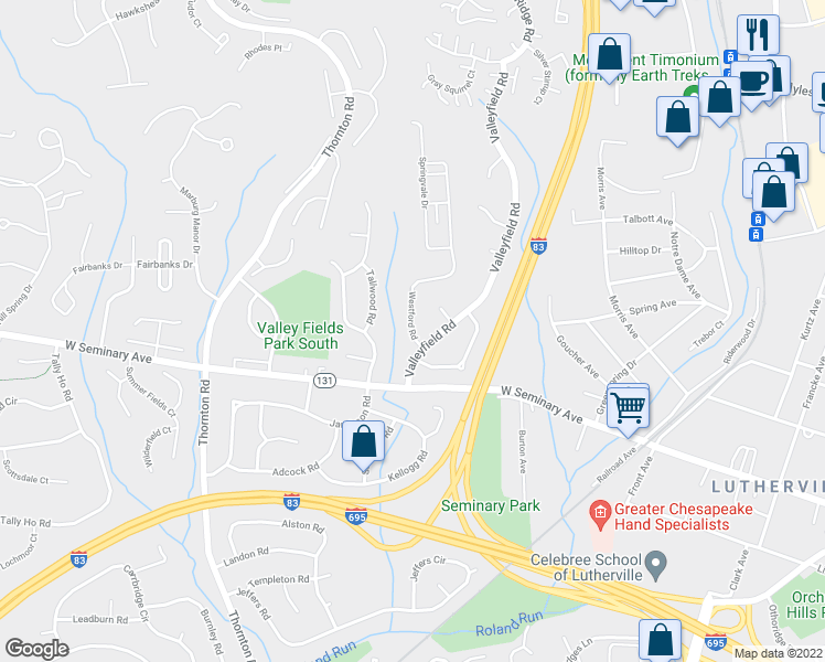 map of restaurants, bars, coffee shops, grocery stores, and more near 8505 Westford Road in Lutherville-Timonium