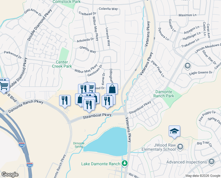 map of restaurants, bars, coffee shops, grocery stores, and more near 1694 Silver Thread Drive in Reno