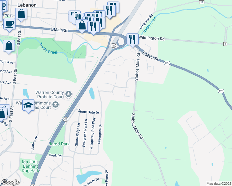map of restaurants, bars, coffee shops, grocery stores, and more near 844 Round Hill Court in Lebanon