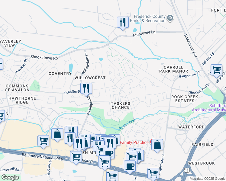 map of restaurants, bars, coffee shops, grocery stores, and more near 163 Heathfield Drive in Frederick