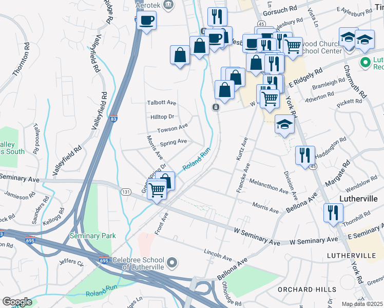 map of restaurants, bars, coffee shops, grocery stores, and more near 1622 Trebor Court in Timonium