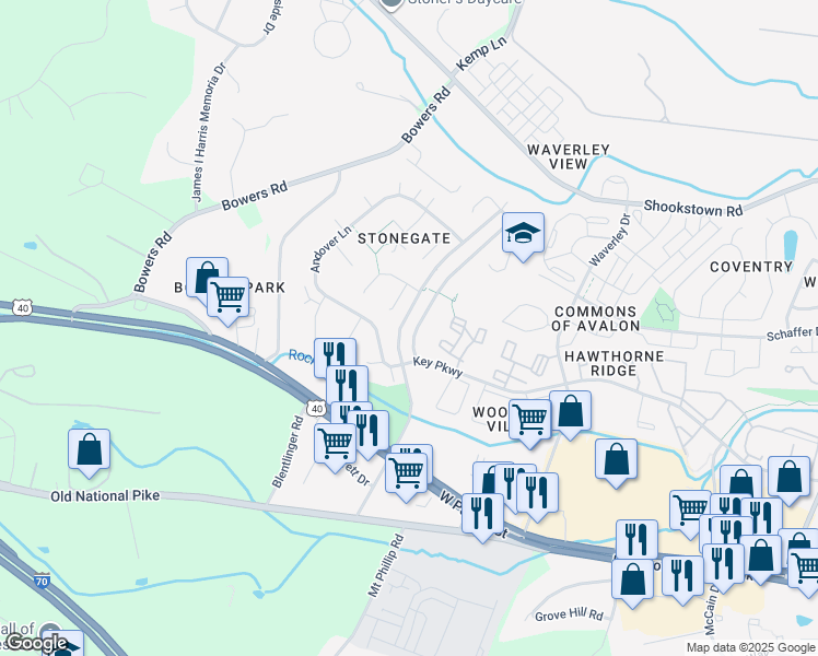 map of restaurants, bars, coffee shops, grocery stores, and more near 117 Stonegate Drive in Frederick