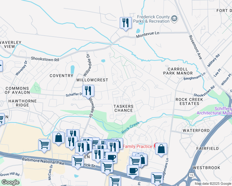 map of restaurants, bars, coffee shops, grocery stores, and more near 163 Heathfield Drive in Frederick