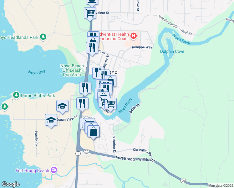 map of restaurants, bars, coffee shops, grocery stores, and more near 531 Casa Del Noyo in Fort Bragg