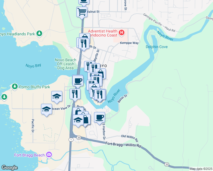map of restaurants, bars, coffee shops, grocery stores, and more near 531 Casa Del Noyo in Fort Bragg