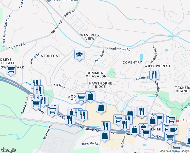 map of restaurants, bars, coffee shops, grocery stores, and more near 1715 Dyrham Park Drive in Frederick