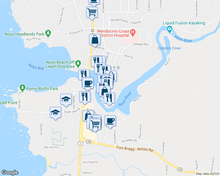 map of restaurants, bars, coffee shops, grocery stores, and more near 32301 North Harbor Drive in Fort Bragg