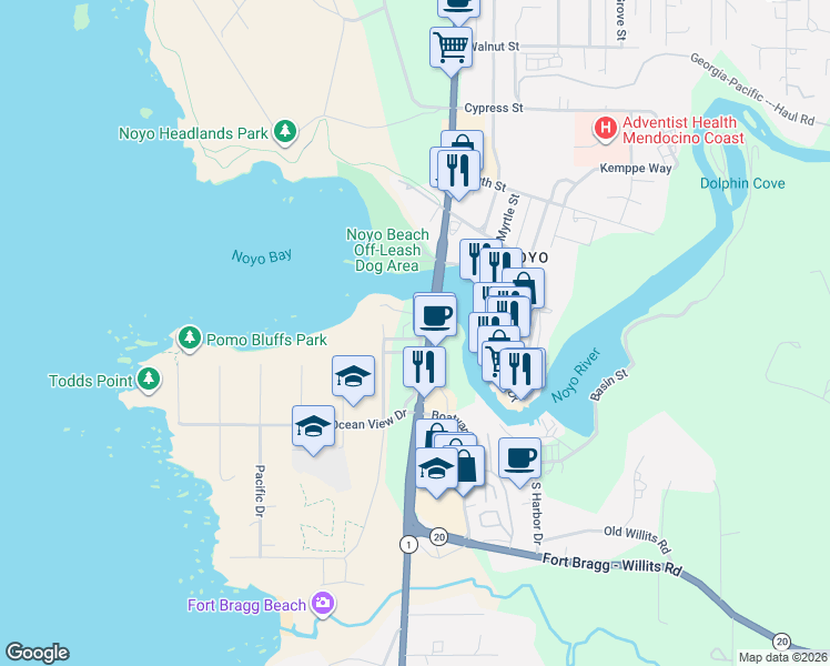 map of restaurants, bars, coffee shops, grocery stores, and more near 1021 South Main Street in Fort Bragg