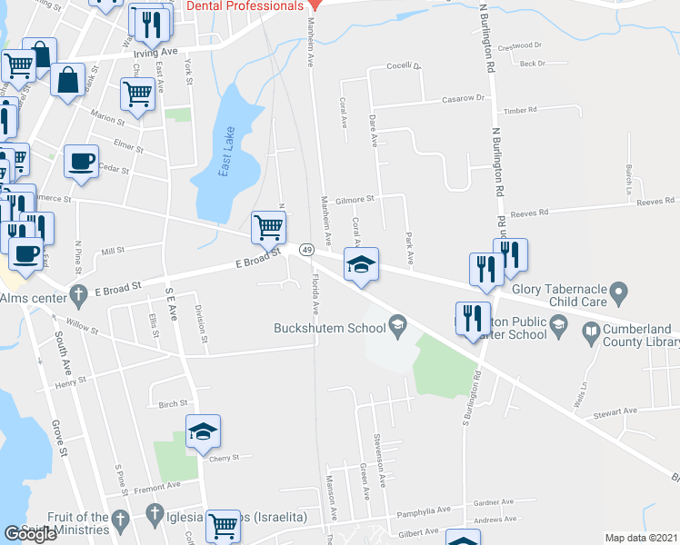 map of restaurants, bars, coffee shops, grocery stores, and more near 527 Buckshutem Road in Bridgeton