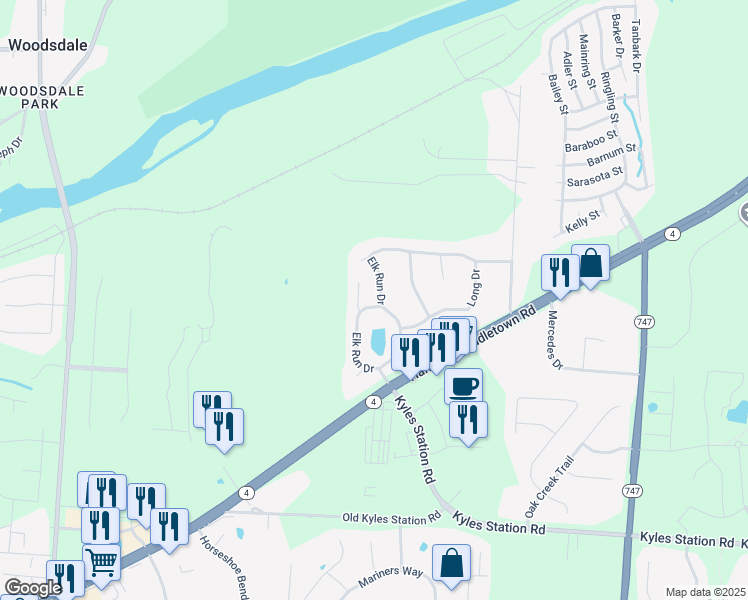 map of restaurants, bars, coffee shops, grocery stores, and more near 5135 Elk Run Drive in Butler County