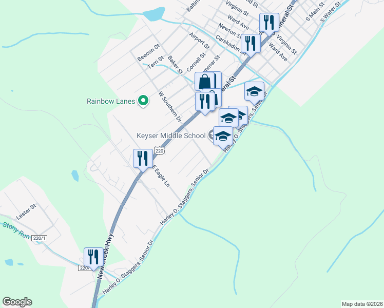 map of restaurants, bars, coffee shops, grocery stores, and more near 1040 Georgia Avenue in Keyser