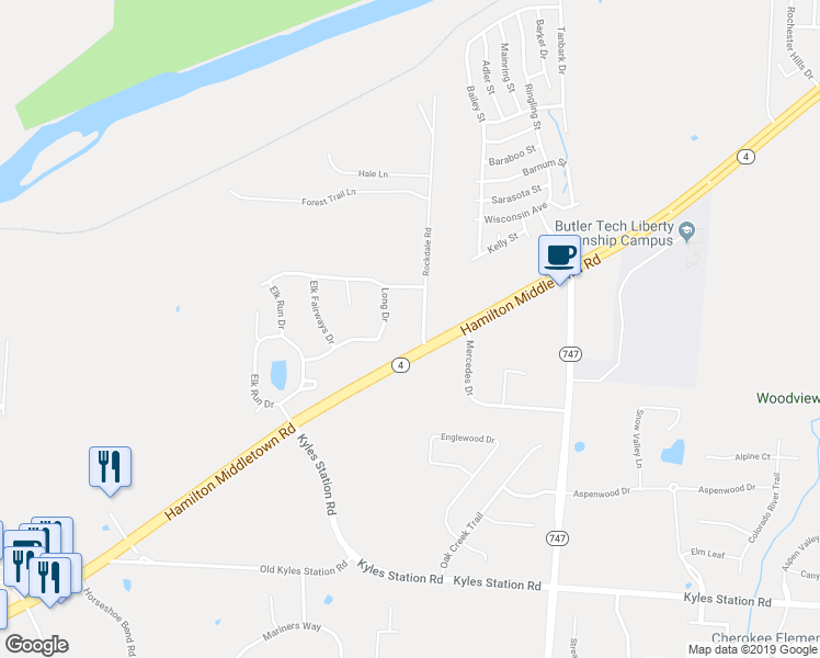 map of restaurants, bars, coffee shops, grocery stores, and more near 5079 Rockdale Road in Butler County
