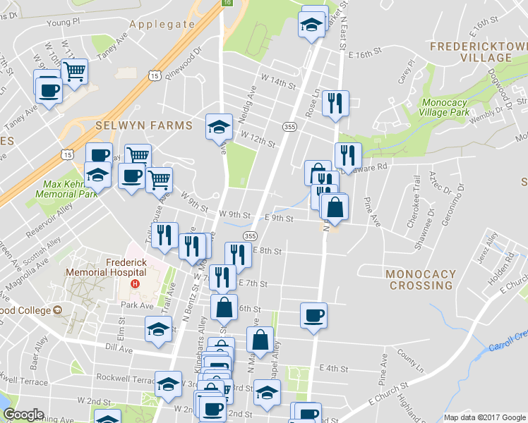 map of restaurants, bars, coffee shops, grocery stores, and more near 906 North Market Street in Frederick