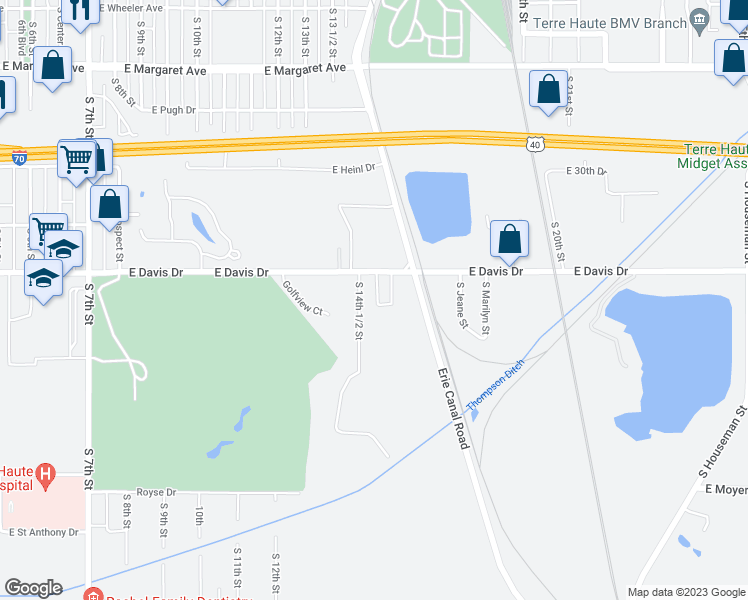 map of restaurants, bars, coffee shops, grocery stores, and more near 3313 Trails Edge Lane West in Terre Haute