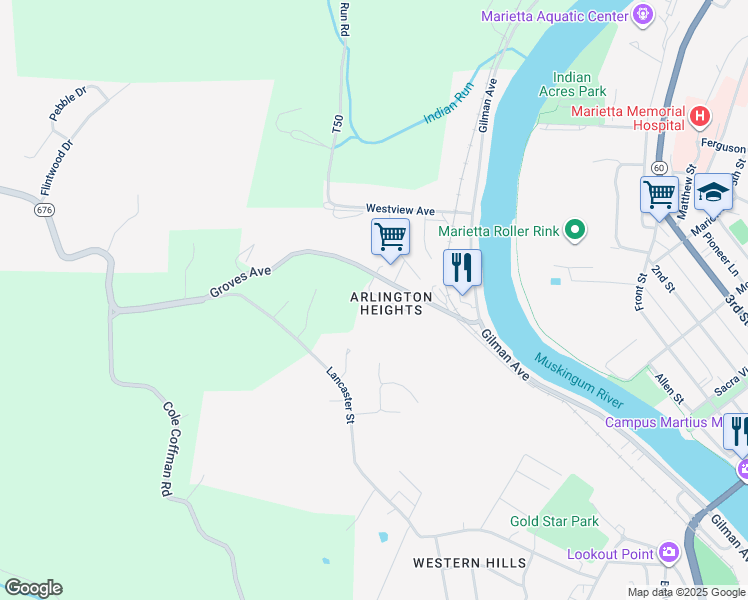 map of restaurants, bars, coffee shops, grocery stores, and more near 100 Grand Avenue in Marietta