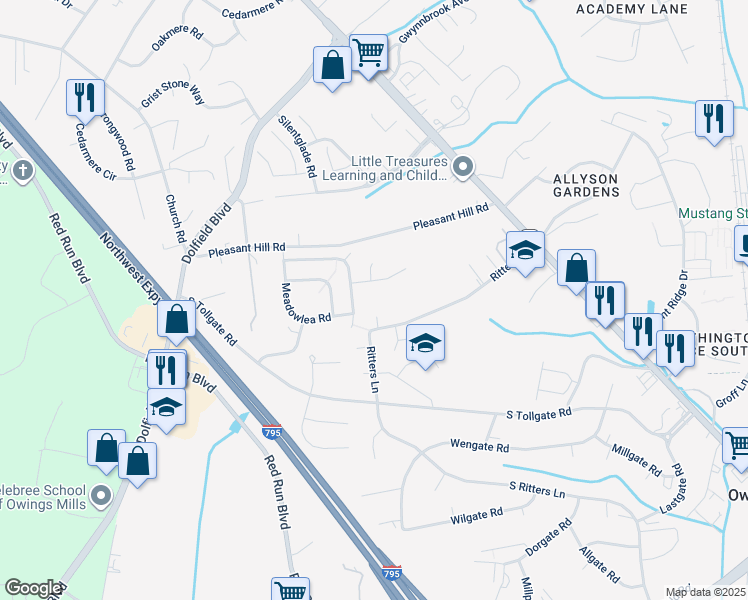map of restaurants, bars, coffee shops, grocery stores, and more near 72 Ritters Lane in Owings Mills