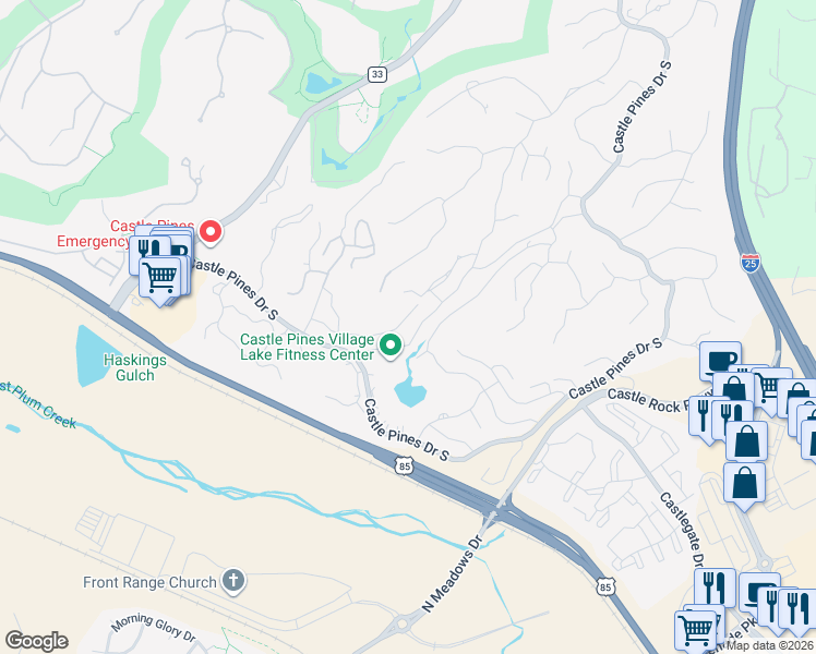 map of restaurants, bars, coffee shops, grocery stores, and more near 4314 Chateau Ridge Road in Castle Rock