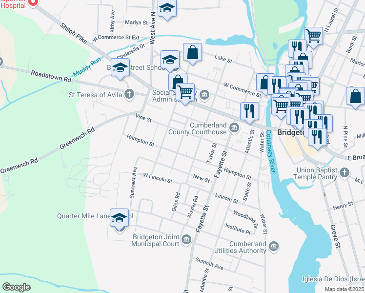 map of restaurants, bars, coffee shops, grocery stores, and more near 31 Columbus Avenue in Bridgeton