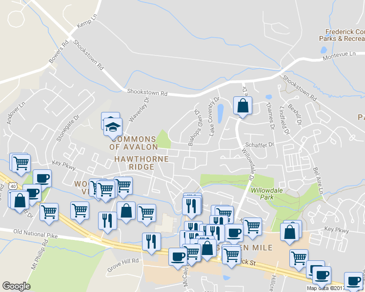 map of restaurants, bars, coffee shops, grocery stores, and more near 266 Bishops Glen Drive in Frederick