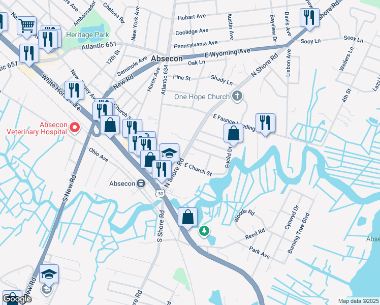 map of restaurants, bars, coffee shops, grocery stores, and more near 116 North Shore Road in Absecon