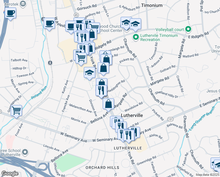 map of restaurants, bars, coffee shops, grocery stores, and more near 6 Haddington Road in Timonium
