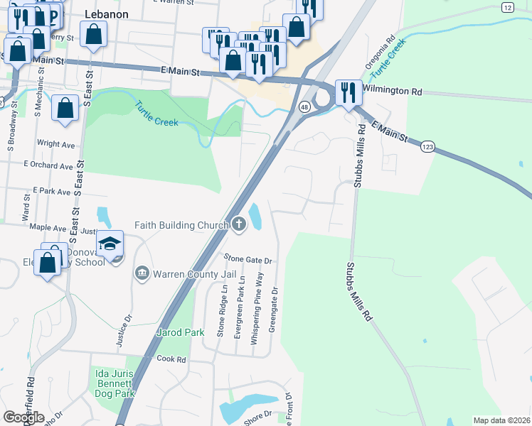 map of restaurants, bars, coffee shops, grocery stores, and more near 841 Greengate Drive in Lebanon
