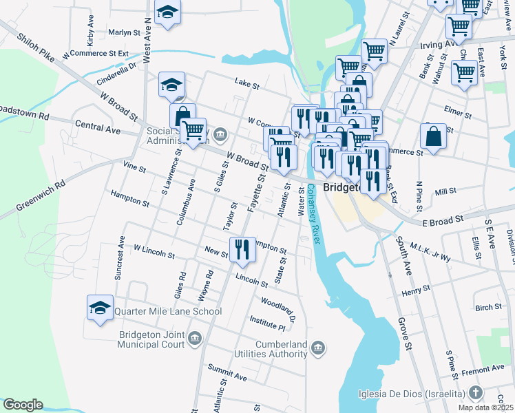 map of restaurants, bars, coffee shops, grocery stores, and more near 39-61 Fayette Street in Bridgeton
