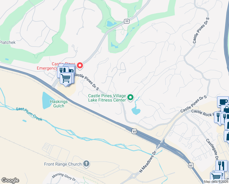 map of restaurants, bars, coffee shops, grocery stores, and more near 4361 Chateau Ridge Lane in Castle Rock