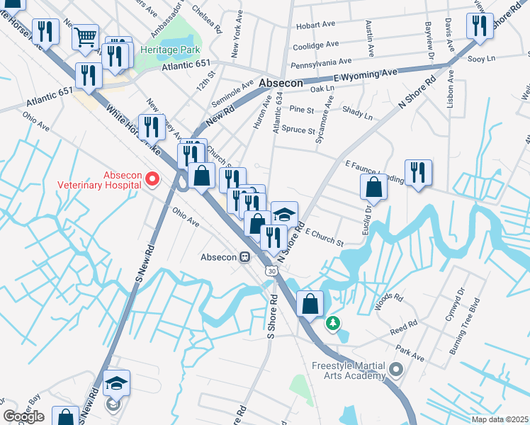 map of restaurants, bars, coffee shops, grocery stores, and more near 33 Mechanic Street in Absecon