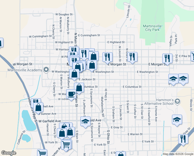 map of restaurants, bars, coffee shops, grocery stores, and more near 260 East Jackson Street in Martinsville