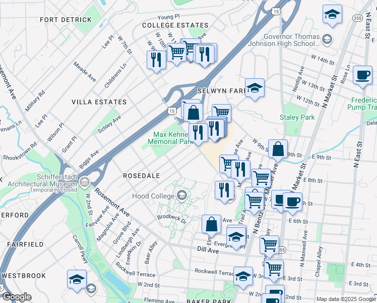 map of restaurants, bars, coffee shops, grocery stores, and more near 714 Fairview Avenue in Frederick