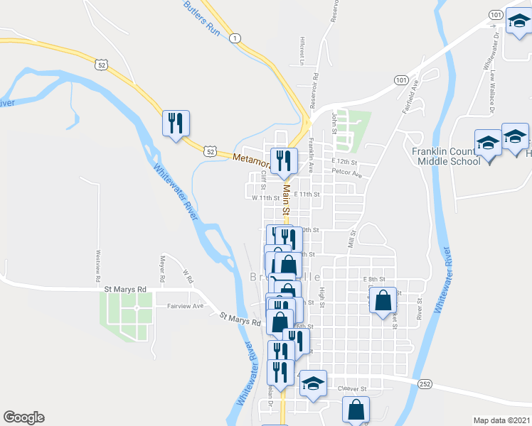 map of restaurants, bars, coffee shops, grocery stores, and more near 1020 Cliff Street in Brookville