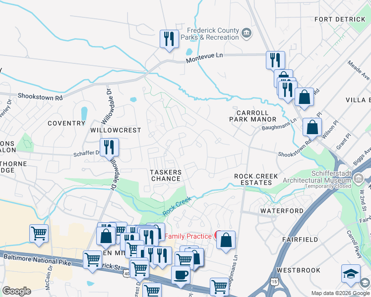 map of restaurants, bars, coffee shops, grocery stores, and more near 1030 Lavenport Way in Frederick