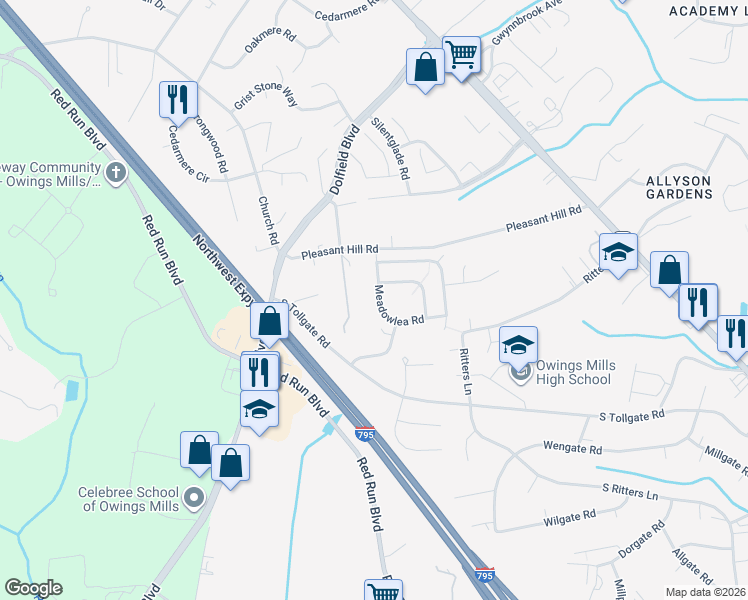 map of restaurants, bars, coffee shops, grocery stores, and more near 10830 Meadowlea Road in Owings Mills