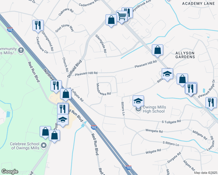 map of restaurants, bars, coffee shops, grocery stores, and more near 305 Belltown Road in Owings Mills