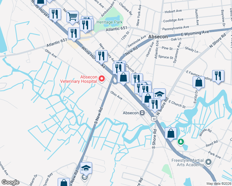 map of restaurants, bars, coffee shops, grocery stores, and more near 308 Ohio Avenue in Absecon